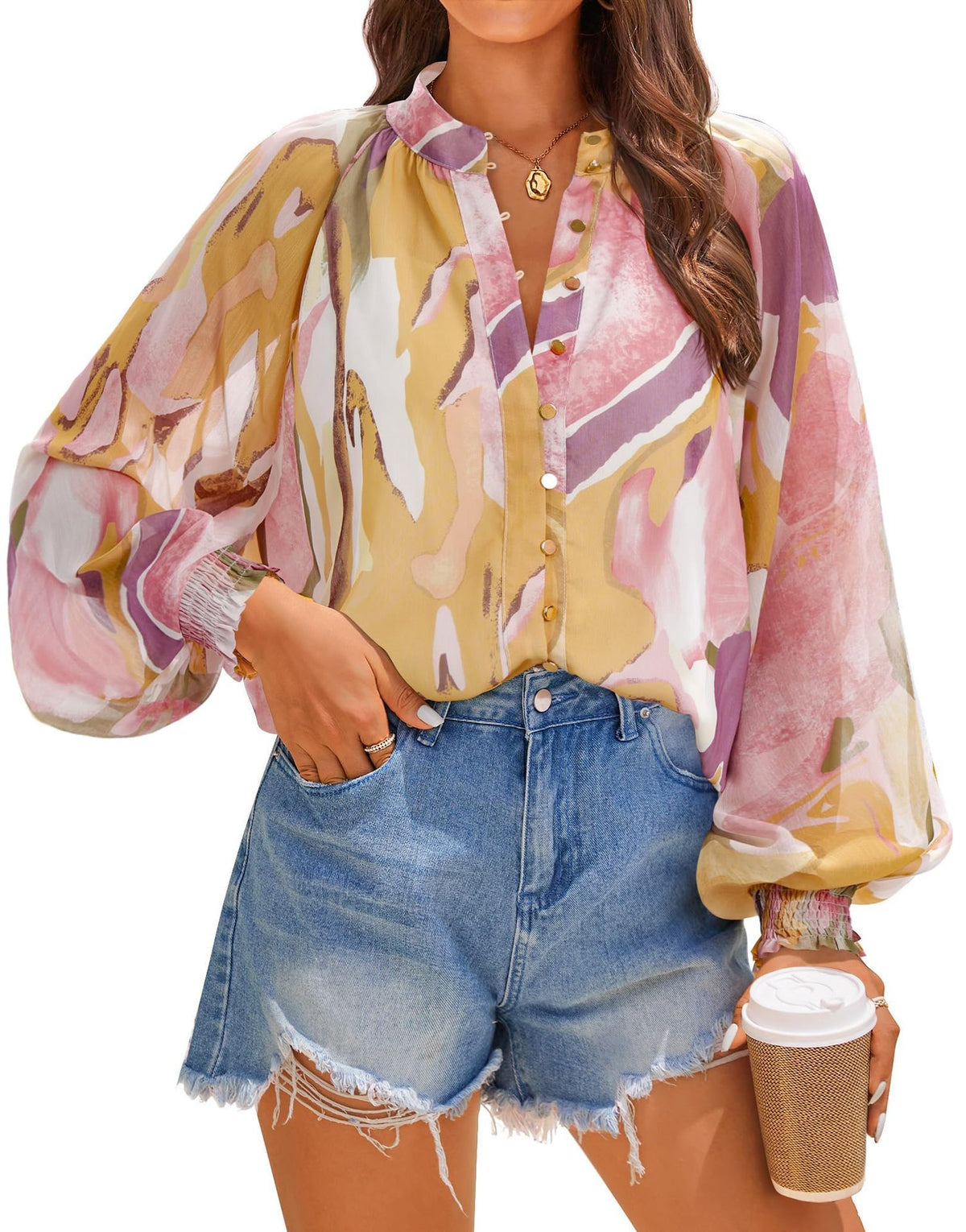 Fall  Loose Digital Print Lantern Sleeve Long Sleeve Shirt for Women