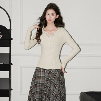 Lace V-Neck Long Sleeve Knit Bodysuit T-Shirt for Women, Slim Fit, Elegant Top for Fall and Winter