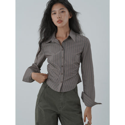 Fall Vintage Striped Fitted Blouse for Women Turn-down Collar Long Sleeve TopOffice Casual Style