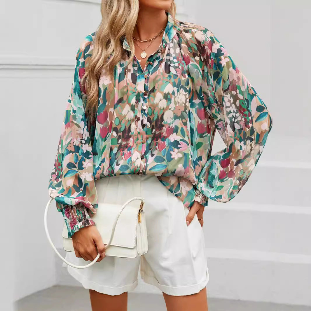 Fall  Loose Digital Print Lantern Sleeve Long Sleeve Shirt for Women