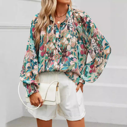 Fall  Loose Digital Print Lantern Sleeve Long Sleeve Shirt for Women