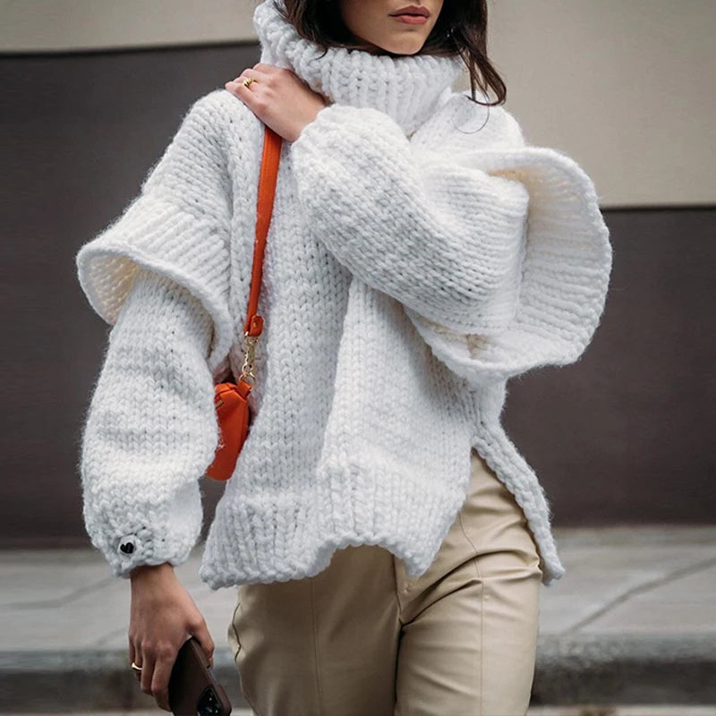 Women Casual Warm Winter Thick Sweater Fall Elegant Turtleneck Solid Knitted Jumper Femme Fashion Long Sleeve Loose Pullover Top