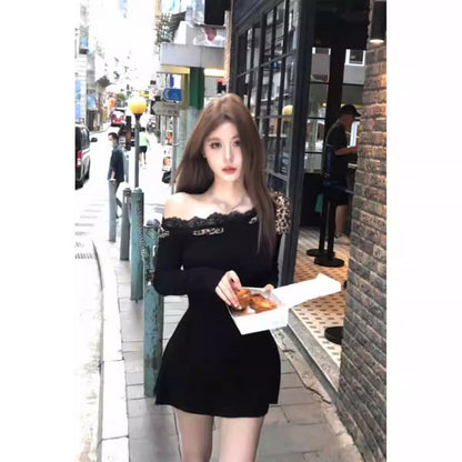 Chic Asymmetrical Shoulder Dress for Women, Sexy Fall Black Fitted Bodycon Mini Dress