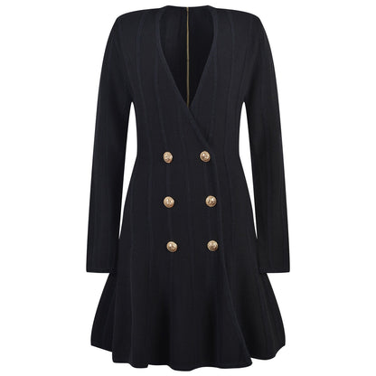 Euorpean Stylish Women Luxury Design V-neck Long Slevee Fall Lady Knit A-line Dress
