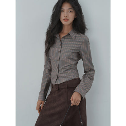 Fall Vintage Striped Fitted Blouse for Women Turn-down Collar Long Sleeve TopOffice Casual Style