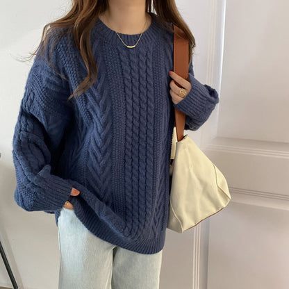 Fall and Winter Heavy Knit Cable Knit Solid Color Sweater for Women