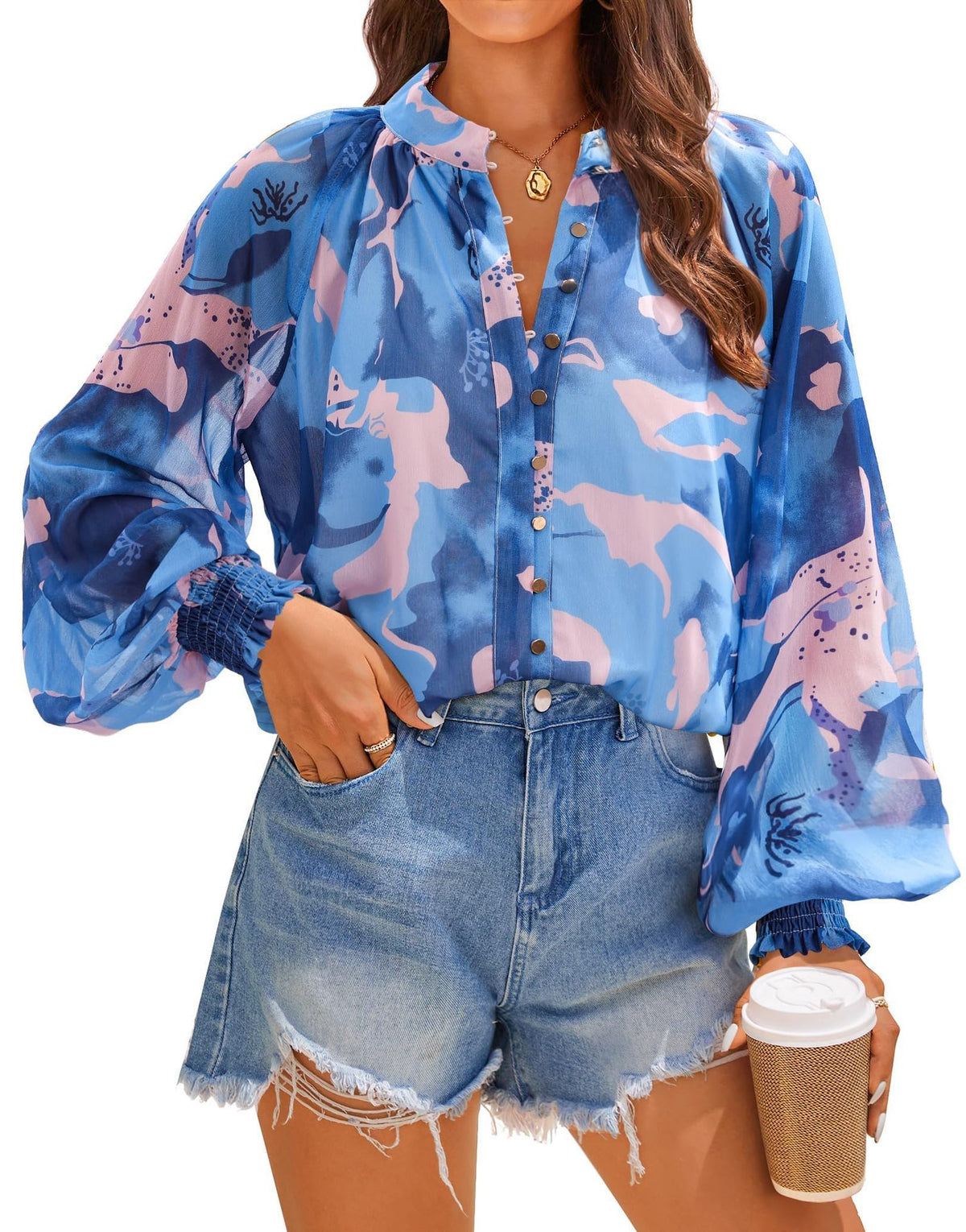 Fall  Loose Digital Print Lantern Sleeve Long Sleeve Shirt for Women